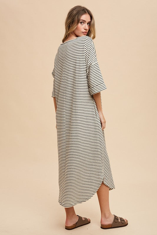 Annie Wear Striped Round Neck Terry Midi Dress Casual Dresses