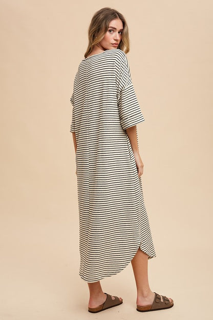 Annie Wear Striped Round Neck Terry Midi Dress Casual Dresses