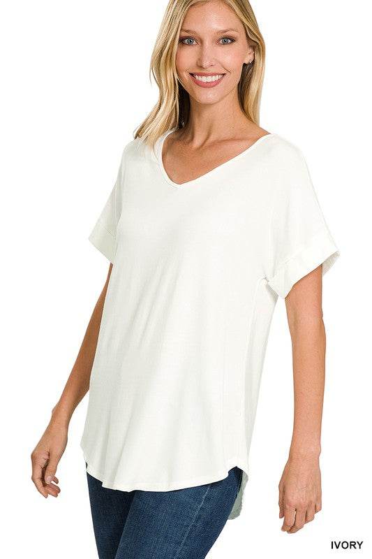 Luxe Rayon Short Cuff Sleeve V-Neck Round Hem Top. - Shop Style & More | Fresh Looks, Everyday Deals & Free Shipping