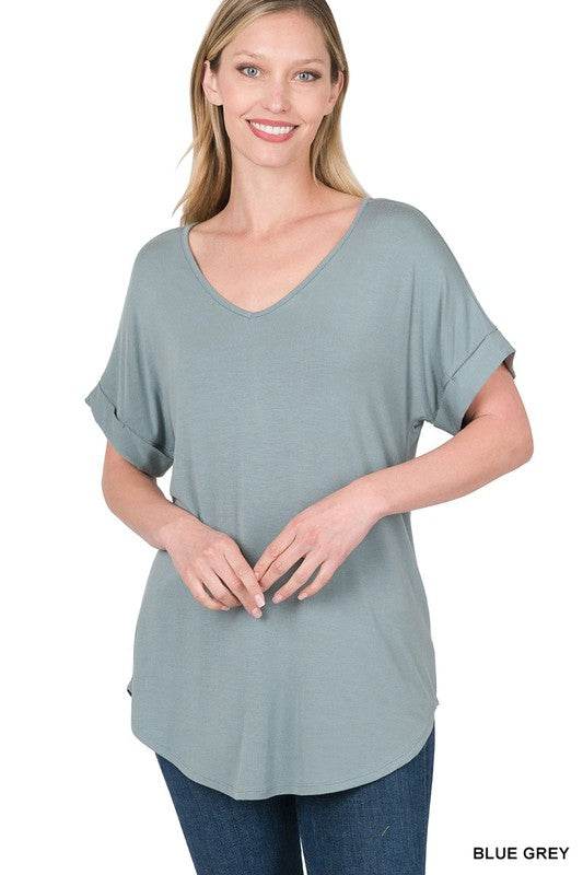 Luxe Rayon Short Cuff Sleeve V-Neck Round Hem Top. - Shop Style & More | Fresh Looks, Everyday Deals & Free Shipping
