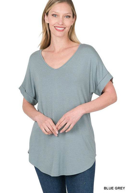 Luxe Rayon Short Cuff Sleeve V-Neck Round Hem Top. - Shop Style & More | Fresh Looks, Everyday Deals & Free Shipping