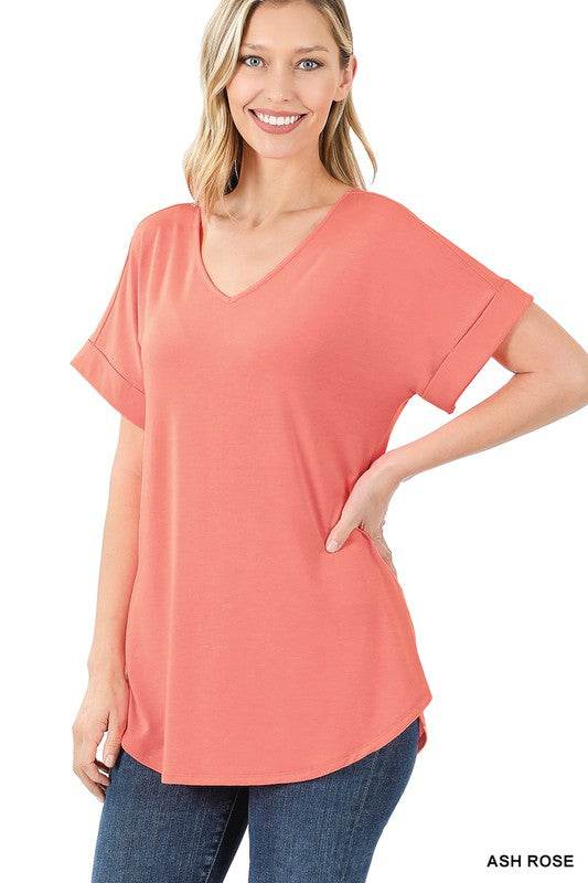 Luxe Rayon Short Cuff Sleeve V-Neck Round Hem Top. - Shop Style & More | Fresh Looks, Everyday Deals & Free Shipping