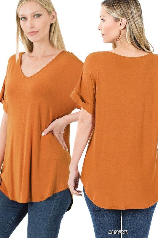 Luxe Rayon Short Cuff Sleeve V-Neck Round Hem Top. - Shop Style & More | Fresh Looks, Everyday Deals & Free Shipping