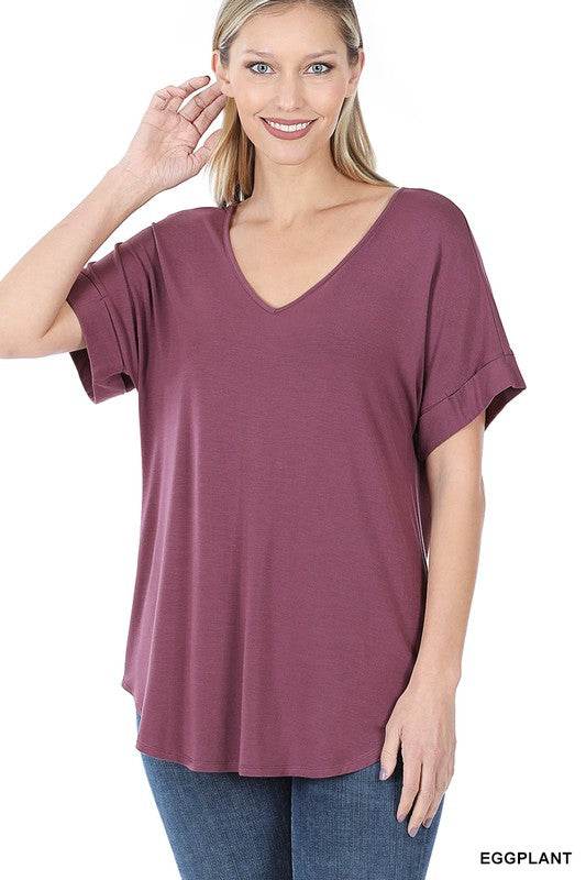 Luxe Rayon Short Cuff Sleeve V-Neck Round Hem Top. - Shop Style & More | Fresh Looks, Everyday Deals & Free Shipping