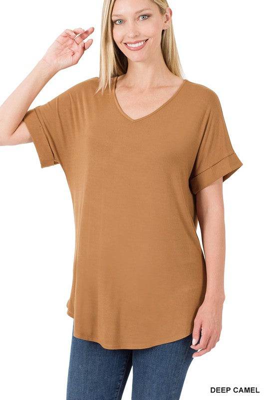 Luxe Rayon Short Cuff Sleeve V-Neck Round Hem Top. - Shop Style & More | Fresh Looks, Everyday Deals & Free Shipping