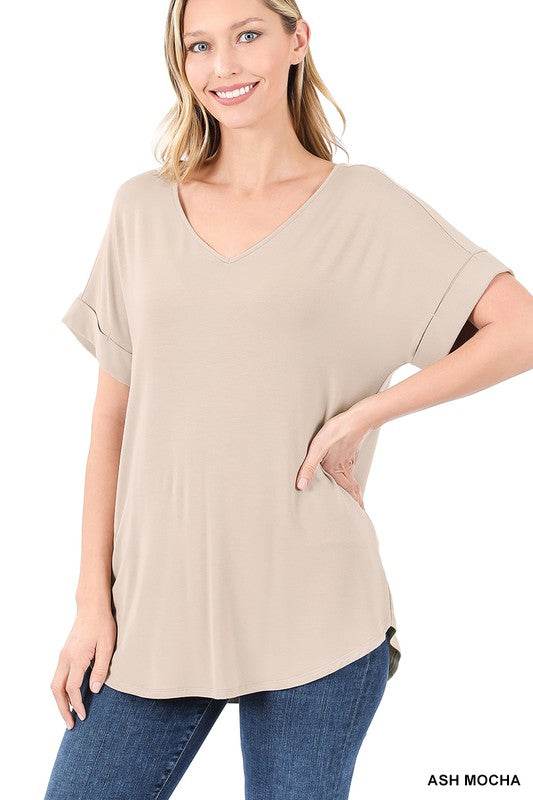 Luxe Rayon Short Cuff Sleeve V-Neck Round Hem Top. - Shop Style & More | Fresh Looks, Everyday Deals & Free Shipping