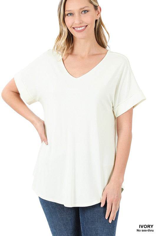 Luxe Rayon Short Cuff Sleeve V-Neck Round Hem Top. - Shop Style & More | Fresh Looks, Everyday Deals & Free Shipping
