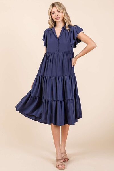 Mittoshop Ruffle Sleeve Collared V Neck Tiered Midi Dress Dark Navy Casual Dresses