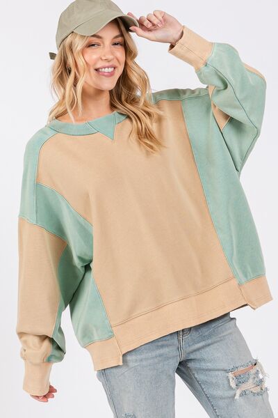 SAGE + FIG Color Block Round Neck Sweatshirt Cookie Green Hoodies & Sweaters