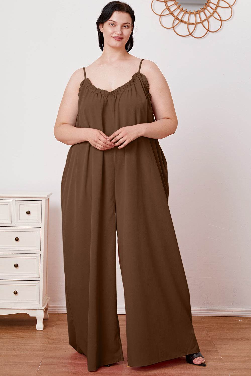 Double Take Full Size Ruffle Trim Tie Back Cami Jumpsuit with Pockets - Shop Style & More | Fresh Looks, Everyday Deals & Free Shipping