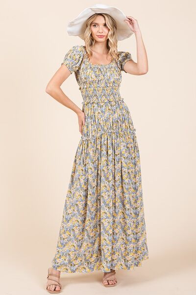 Mittoshop Flower Print Puff Sleeve Gathered Maxi Dress Casual Dresses