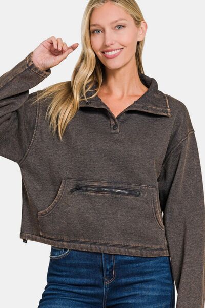 Zenana Acid Wash Fleece Half Snap Sweatshirt with Pocket Hoodies & Sweaters