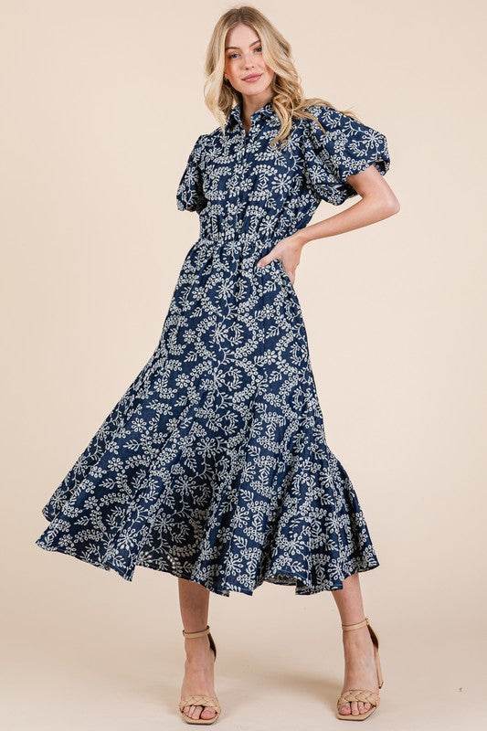 GeeGee Natural Leaf Pattern Eyelet Lace Puff Sleeve Dress - Shop Style & More | Fresh Looks, Everyday Deals & Free Shipping