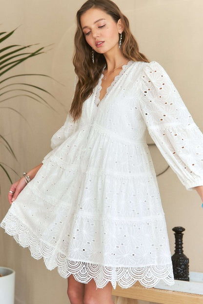 ADORA Lace Detail Tiered Eyelet V-Neck Babydoll Dress Casual Dresses