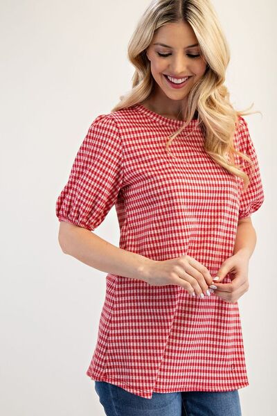 Celeste Full Size Gingham Print Top With Puff Sleeves Plus Size Blouses