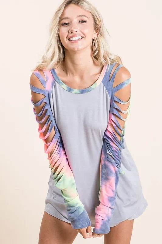 BiBi Jersey Knit Top with Tie Dye Laser Cut Sleeves - Shop Style & More | Fresh Looks, Everyday Deals & Free Shipping