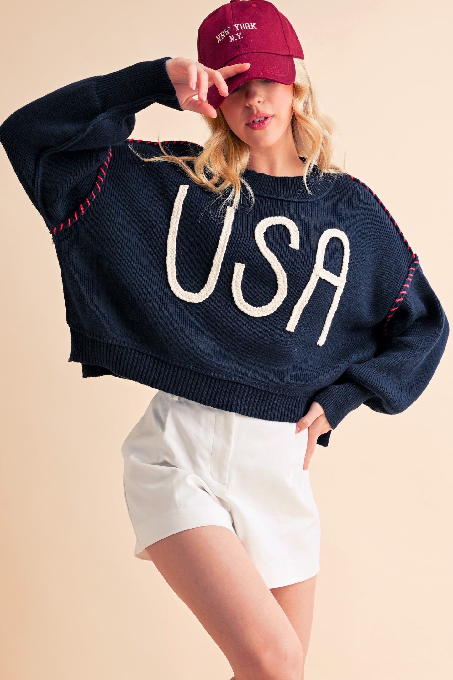 Aemi + Co USA Side Slit Round Neck Sweater Hoodies & Sweaters