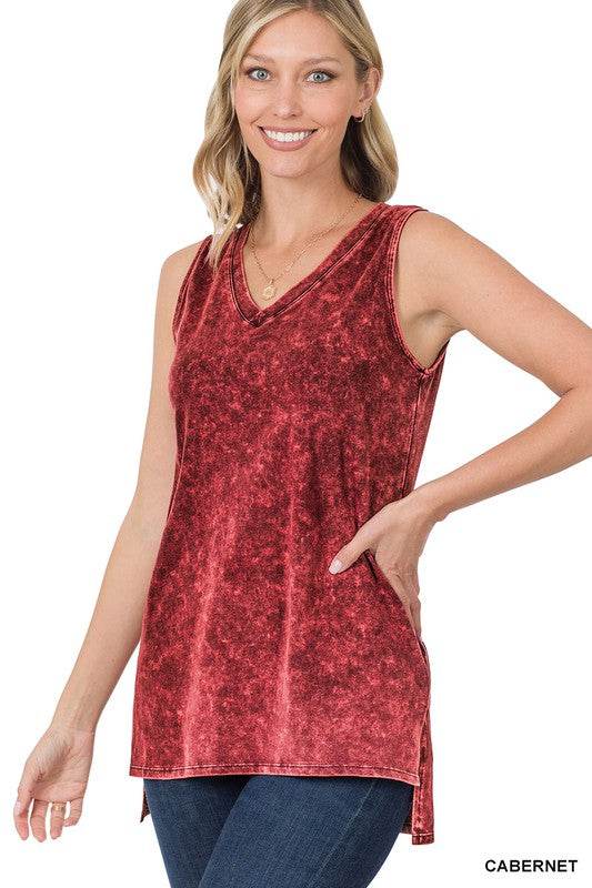 Mineral Wash Sleeveless V-Neck Top With Side Slit - Shop Style & More | Fresh Looks, Everyday Deals & Free Shipping