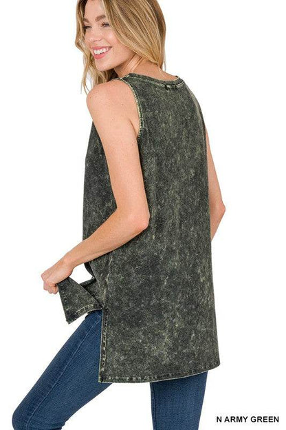 Mineral Wash Sleeveless V-Neck Top With Side Slit - Shop Style & More | Fresh Looks, Everyday Deals & Free Shipping