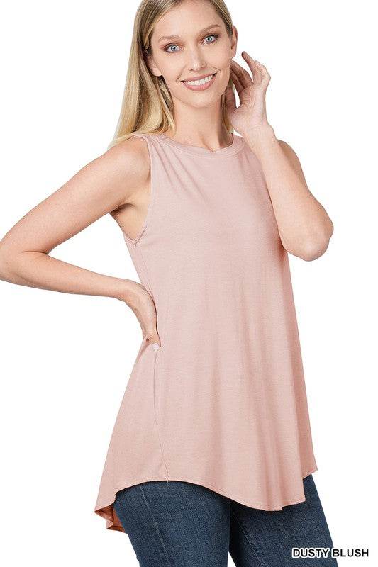Luxe Rayon Sleeveless Round Neck Hi-Low Hem Top - Shop Style & More | Fresh Looks, Everyday Deals & Free Shipping