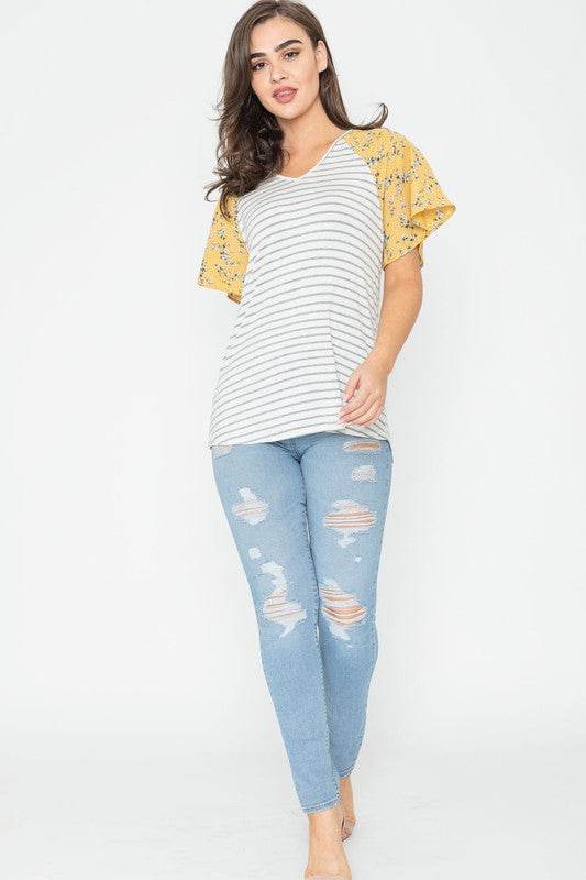 V Neck Stripe Floral Sleeve Tunic - Shop Style & More | Fresh Looks, Everyday Deals & Free Shipping