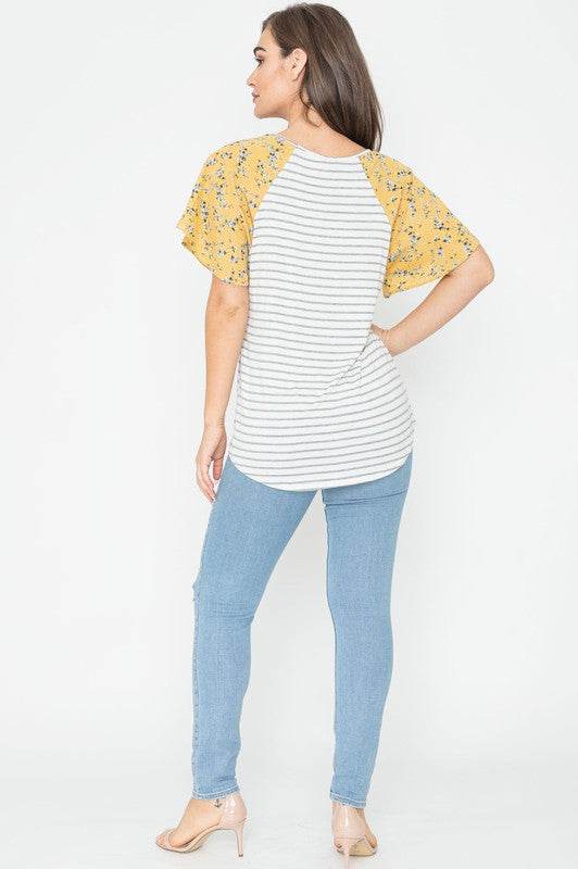 V Neck Stripe Floral Sleeve Tunic - Shop Style & More | Fresh Looks, Everyday Deals & Free Shipping