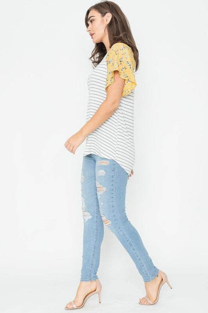V Neck Stripe Floral Sleeve Tunic - Shop Style & More | Fresh Looks, Everyday Deals & Free Shipping