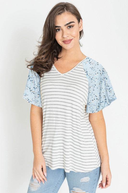 V Neck Stripe Floral Sleeve Tunic - Shop Style & More | Fresh Looks, Everyday Deals & Free Shipping