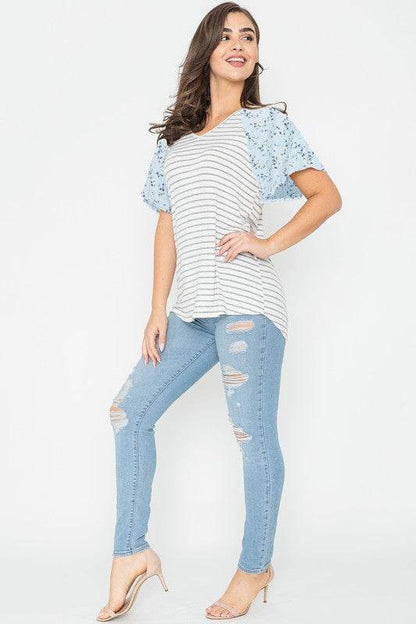 V Neck Stripe Floral Sleeve Tunic - Shop Style & More | Fresh Looks, Everyday Deals & Free Shipping