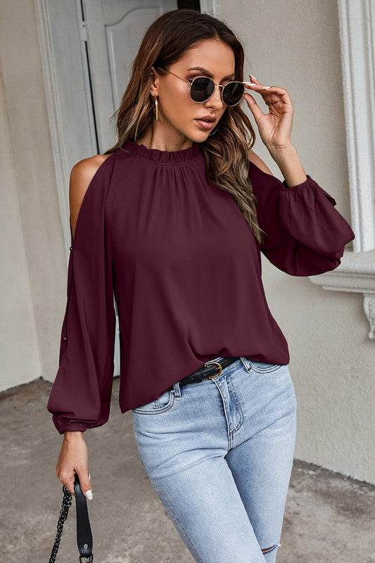 Open Shoulder Solid Loose Mock Neck Top - Shop Style & More | Fresh Looks, Everyday Deals & Free Shipping