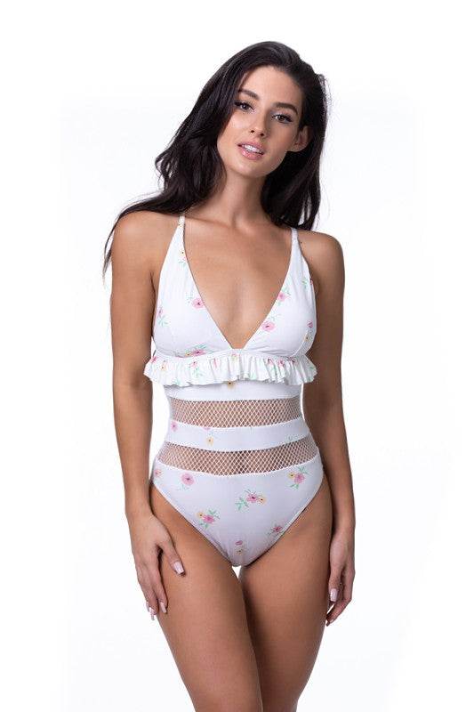 BEIGE FLORAL RUFFLE TRIM MESH ONE PIECE SWIM - Shop Style & More | Fresh Looks, Everyday Deals & Free Shipping