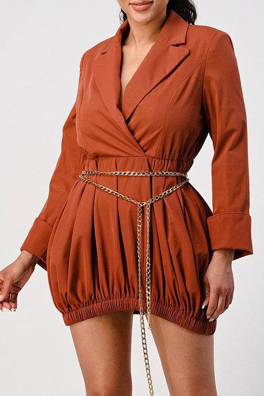 Terracotta Trench Romper with Gold Chain Belt - Shop Style & More | Fresh Looks, Everyday Deals & Free Shipping