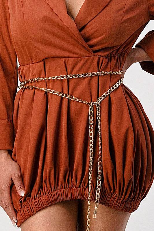 Terracotta Trench Romper with Gold Chain Belt - Shop Style & More | Fresh Looks, Everyday Deals & Free Shipping