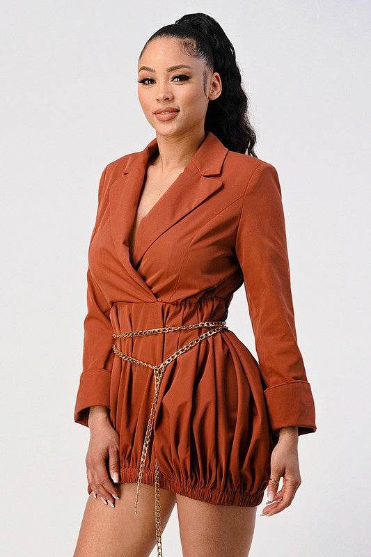 Terracotta Trench Romper with Gold Chain Belt - Shop Style & More | Fresh Looks, Everyday Deals & Free Shipping