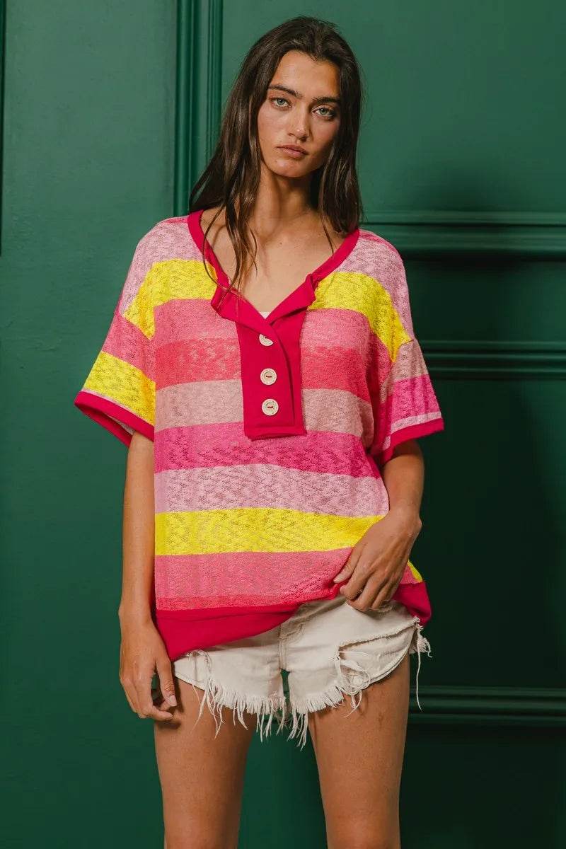 BiBi Multi Color Stripe Hacci Button Detail Ringer Top - Shop Style & More | Fresh Looks, Everyday Deals & Free Shipping