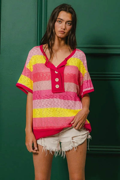 BiBi Multi Color Stripe Hacci Button Detail Ringer Top - Shop Style & More | Fresh Looks, Everyday Deals & Free Shipping