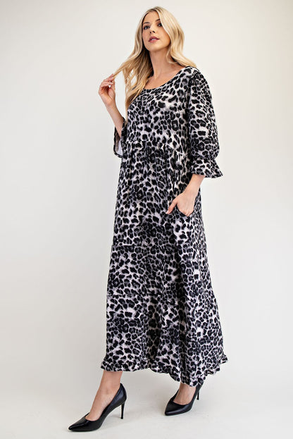 Celeste Full Size Leopard Round Neck Flounce Sleeve Dress Casual Dresses