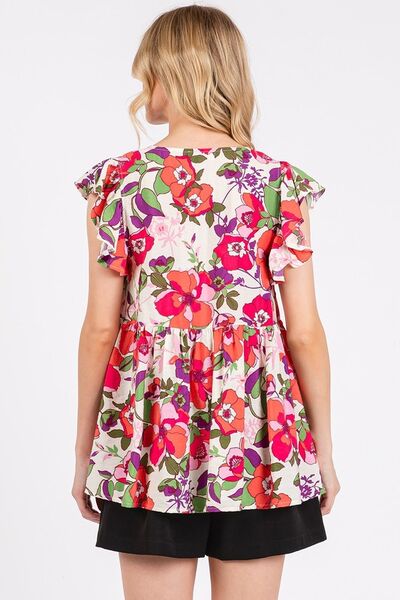 Mittoshop Floral V-Neck Ruffled Cap Sleeve Blouse Blouses