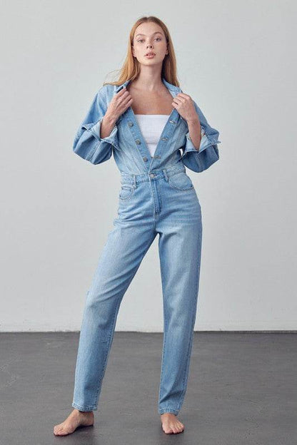 High Waist Flap Pocket Half Button Denim Jumpsuit - Shop Style & More | Fresh Looks, Everyday Deals & Free Shipping
