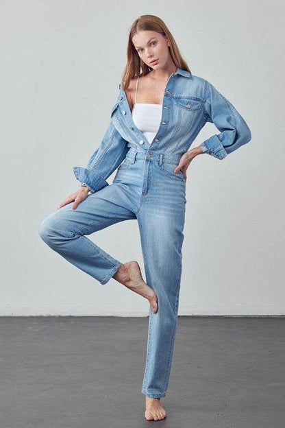 High Waist Flap Pocket Half Button Denim Jumpsuit - Shop Style & More | Fresh Looks, Everyday Deals & Free Shipping