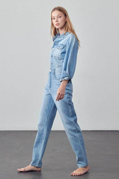 High Waist Flap Pocket Half Button Denim Jumpsuit - Shop Style & More | Fresh Looks, Everyday Deals & Free Shipping