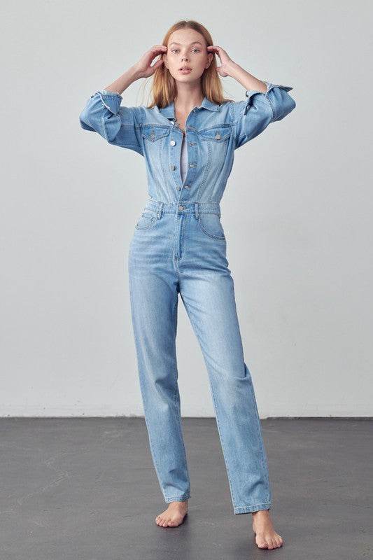 High Waist Flap Pocket Half Button Denim Jumpsuit - Shop Style & More | Fresh Looks, Everyday Deals & Free Shipping