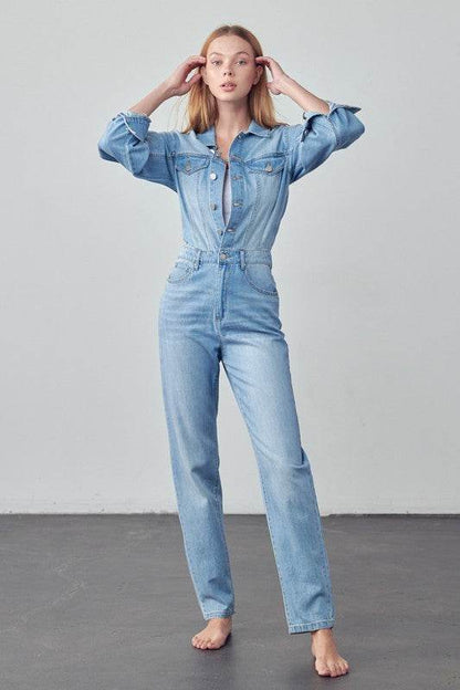 High Waist Flap Pocket Half Button Denim Jumpsuit - Shop Style & More | Fresh Looks, Everyday Deals & Free Shipping