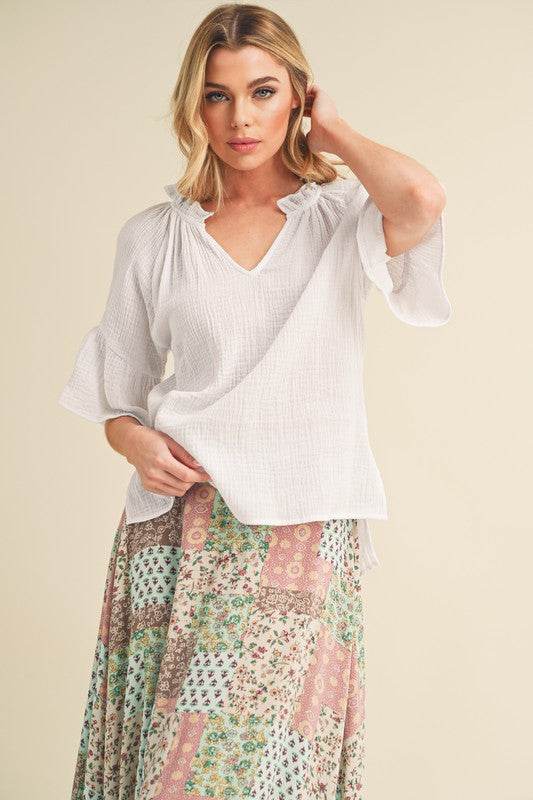 Aemi + Co Side Slit Notched Ruffled Half Sleeve Blouse - Shop Style & More | Fresh Looks, Everyday Deals & Free Shipping