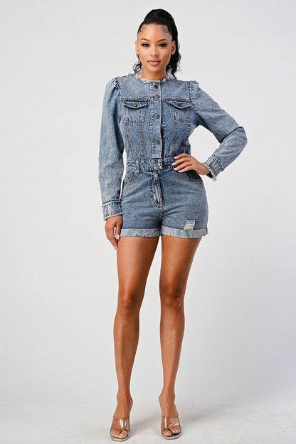 LONG SLEEVE DENIM ROMPER - Shop Style & More | Fresh Looks, Everyday Deals & Free Shipping