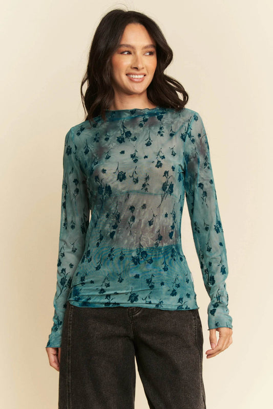Davi & Dani Floral Mesh Long Sleeve Sheer Layering Top - Shop Style & More | Fresh Looks, Everyday Deals & Free Shipping