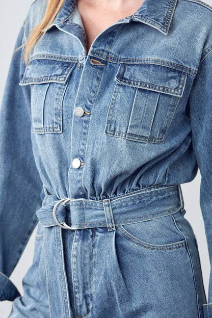 Belted Collared Button Front Denim Jumpsuit - Shop Style & More | Fresh Looks, Everyday Deals & Free Shipping