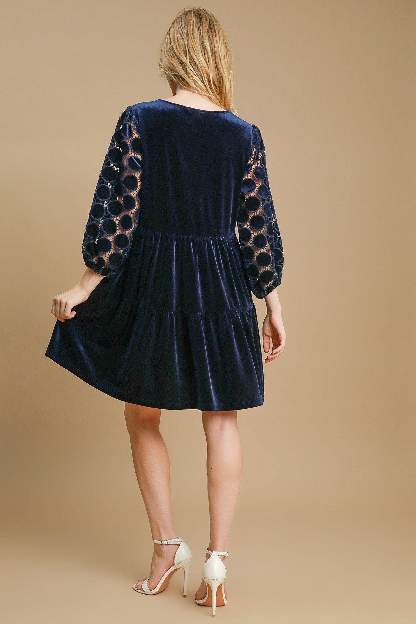 Umgee Dotted Lace Sleeve Tiered Velvet Mini Dress Casual Dresses