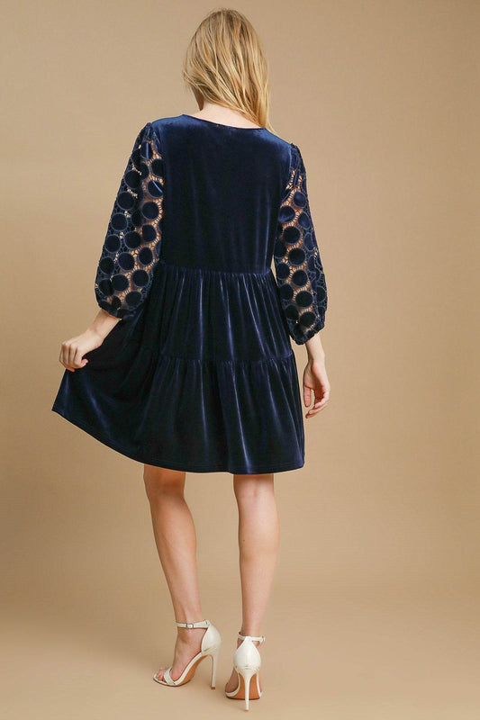 Umgee Dotted Lace Sleeve Tiered Velvet Mini Dress - Shop Style & More | Fresh Looks, Everyday Deals & Free Shipping