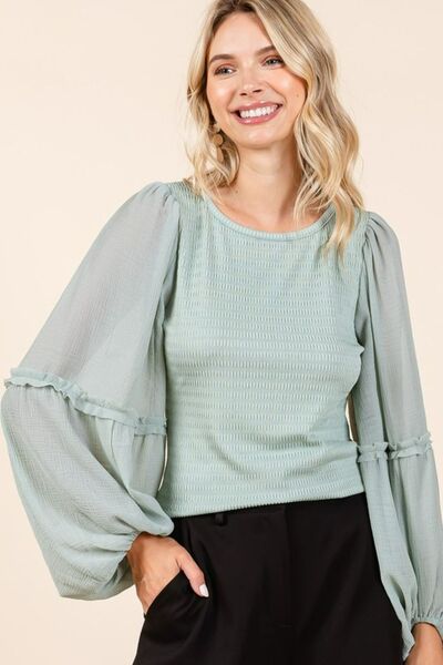 Mittoshop Mixed Media Textured Knit Chiffon Long Sleeve Top Blouses